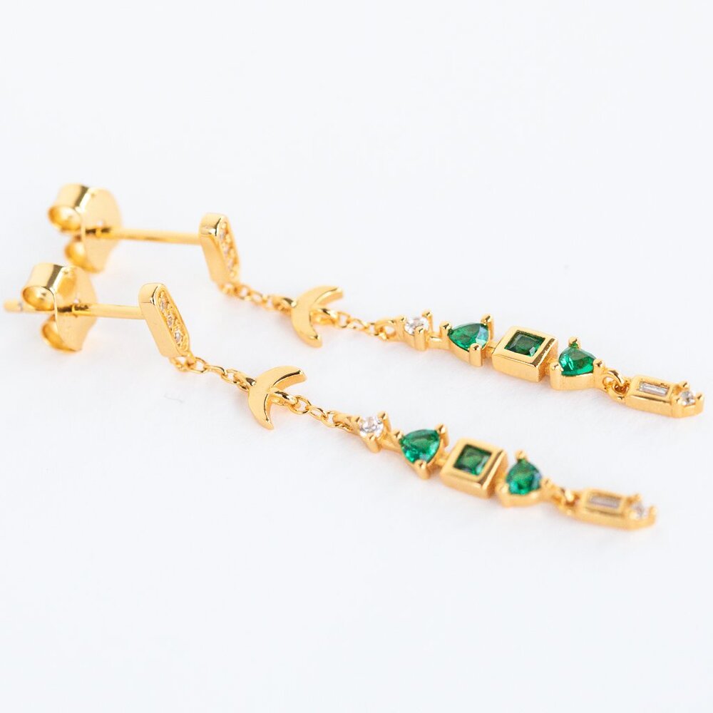 Gorgeous Dangle Earrings Gold w/Green Zircon Moon Celestial Jewelry BEAUTIFUL